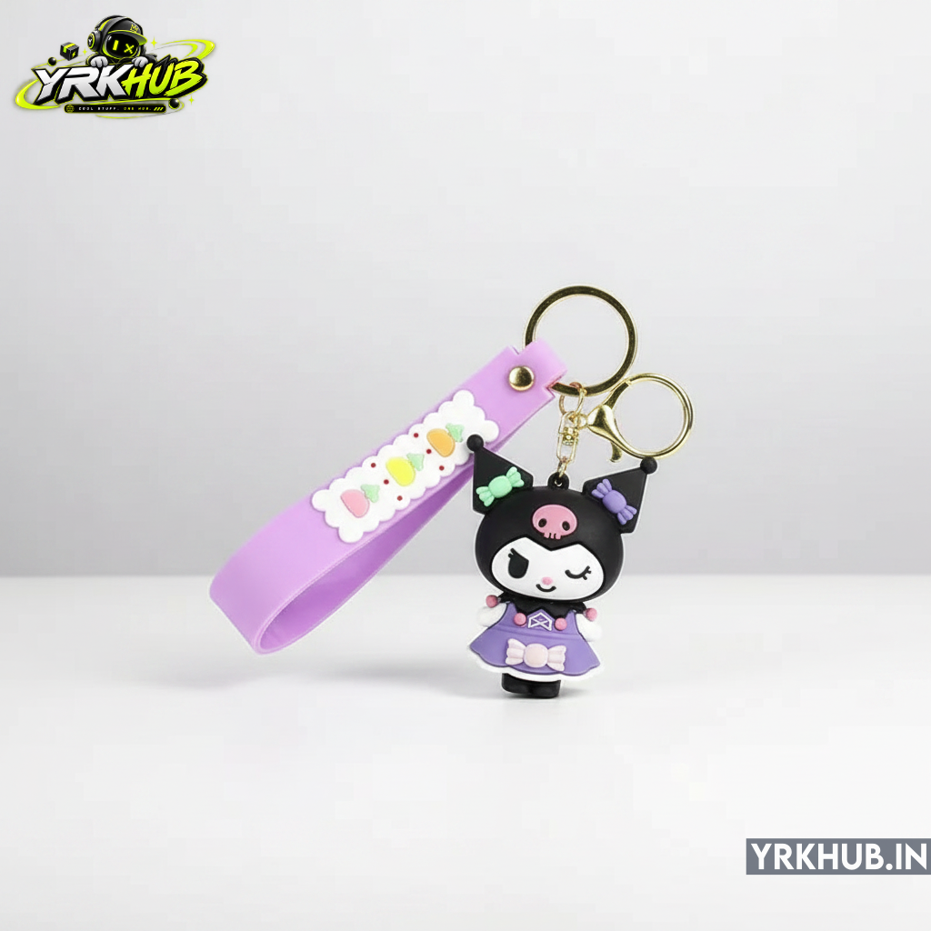 Kuromi Character Keychain with Wrist Strap – Cute Purple Character