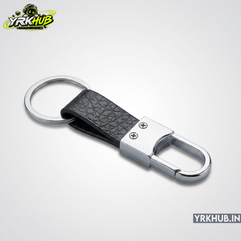 Black Leather Strap Metal Hook Keychain | Chrome Carabiner Key Clip