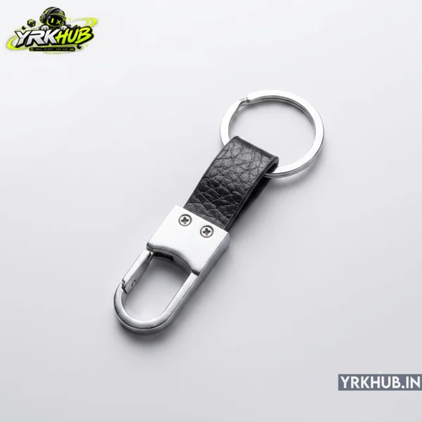Alternative view of Black Leather Strap Metal Hook Keychain | Chrome Carabiner Key Clip