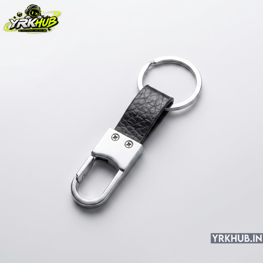Black Leather Strap Metal Hook Keychain | Chrome Carabiner Key Clip - Image 2